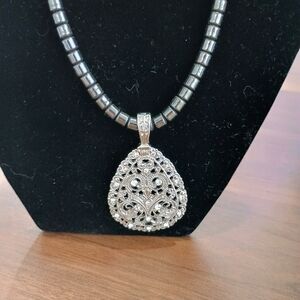 Elegant Silver Filigree Pendant Necklace With Gun Metal Chain